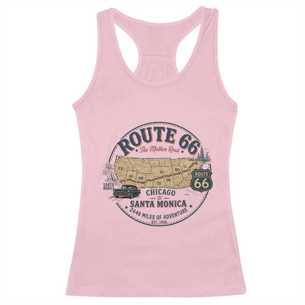 Route Highway 66 Map Chicago to Santa Monica Racerback Tank Top Vintage America Road Trip Americana