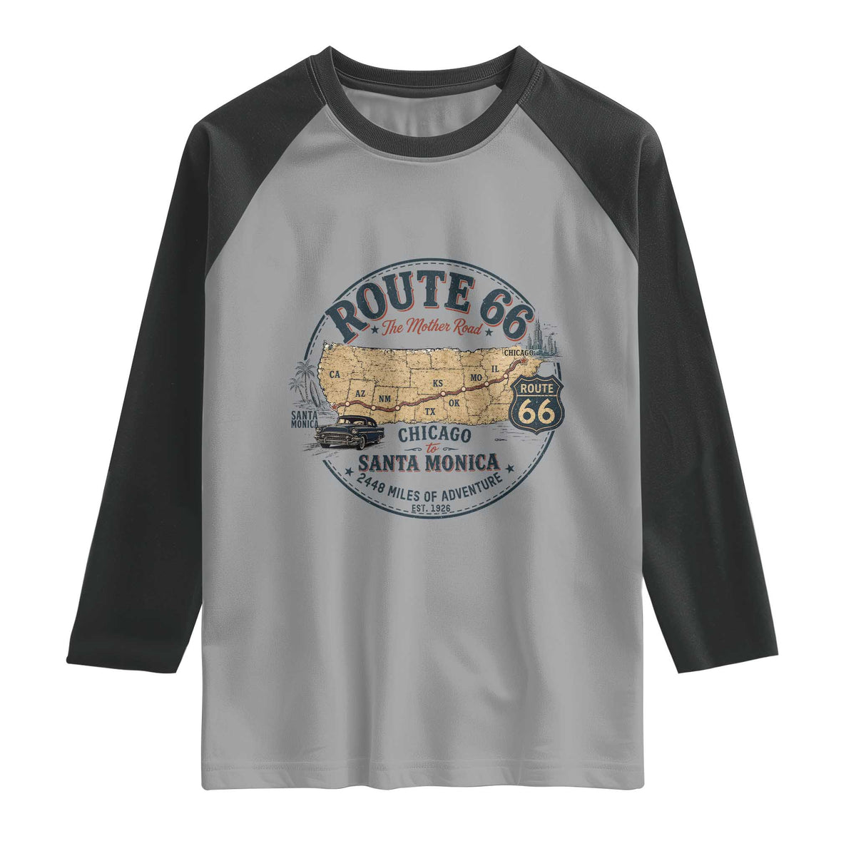 Route Highway 66 Map Chicago to Santa Monica Raglan Shirt Vintage America Road Trip Americana