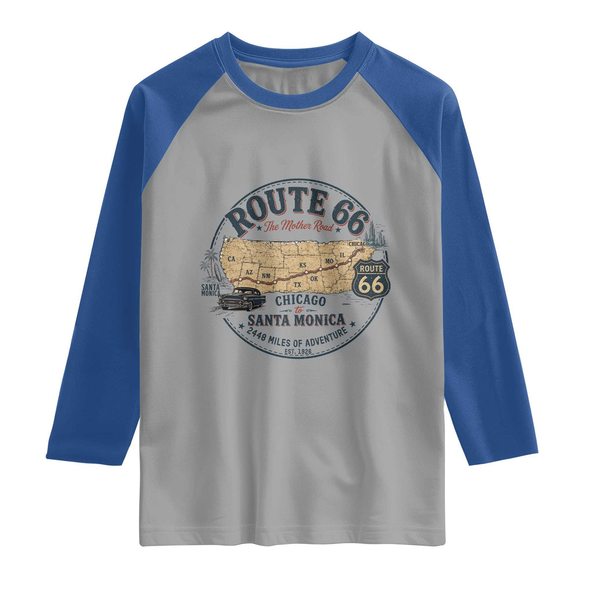 Route Highway 66 Map Chicago to Santa Monica Raglan Shirt Vintage America Road Trip Americana
