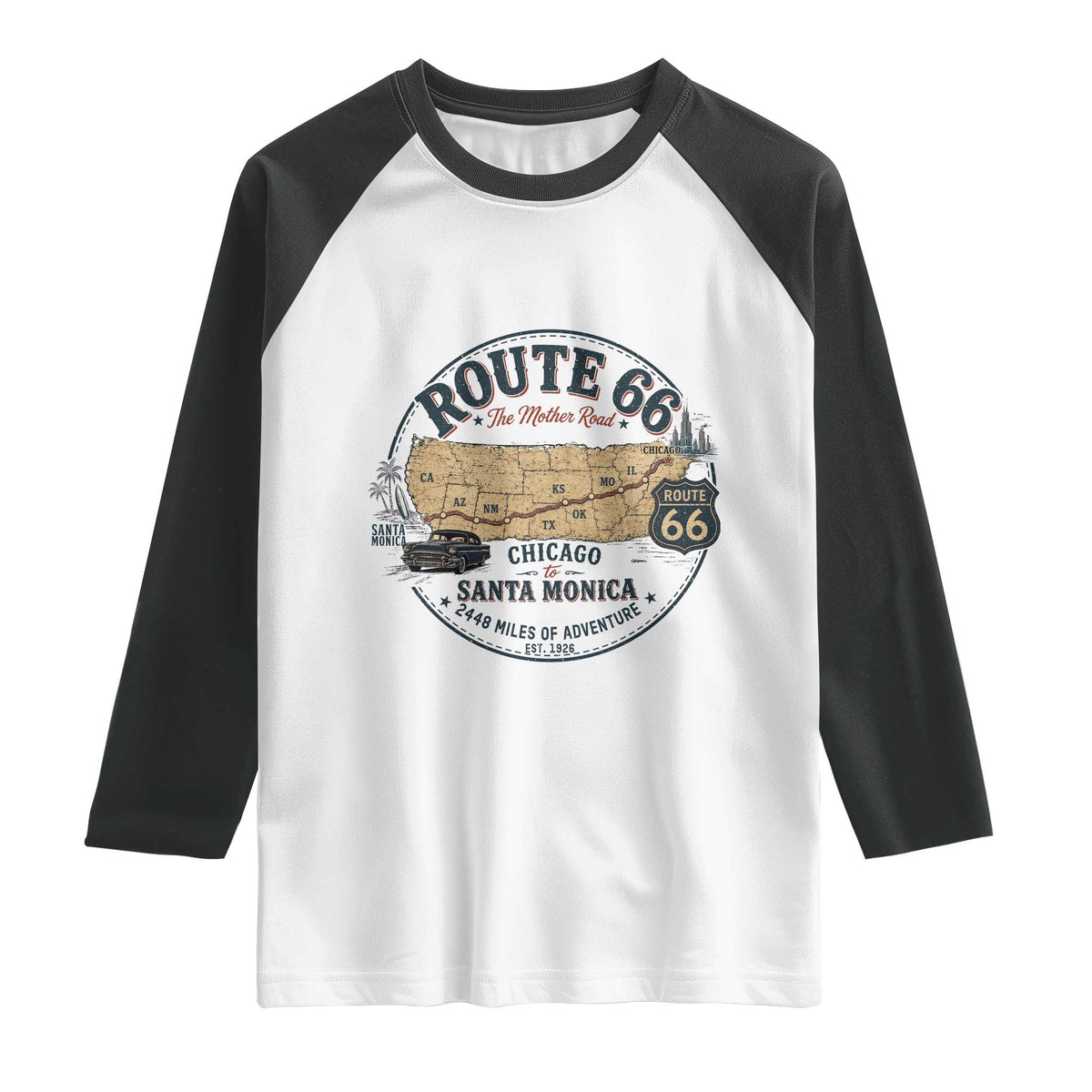 Route Highway 66 Map Chicago to Santa Monica Raglan Shirt Vintage America Road Trip Americana