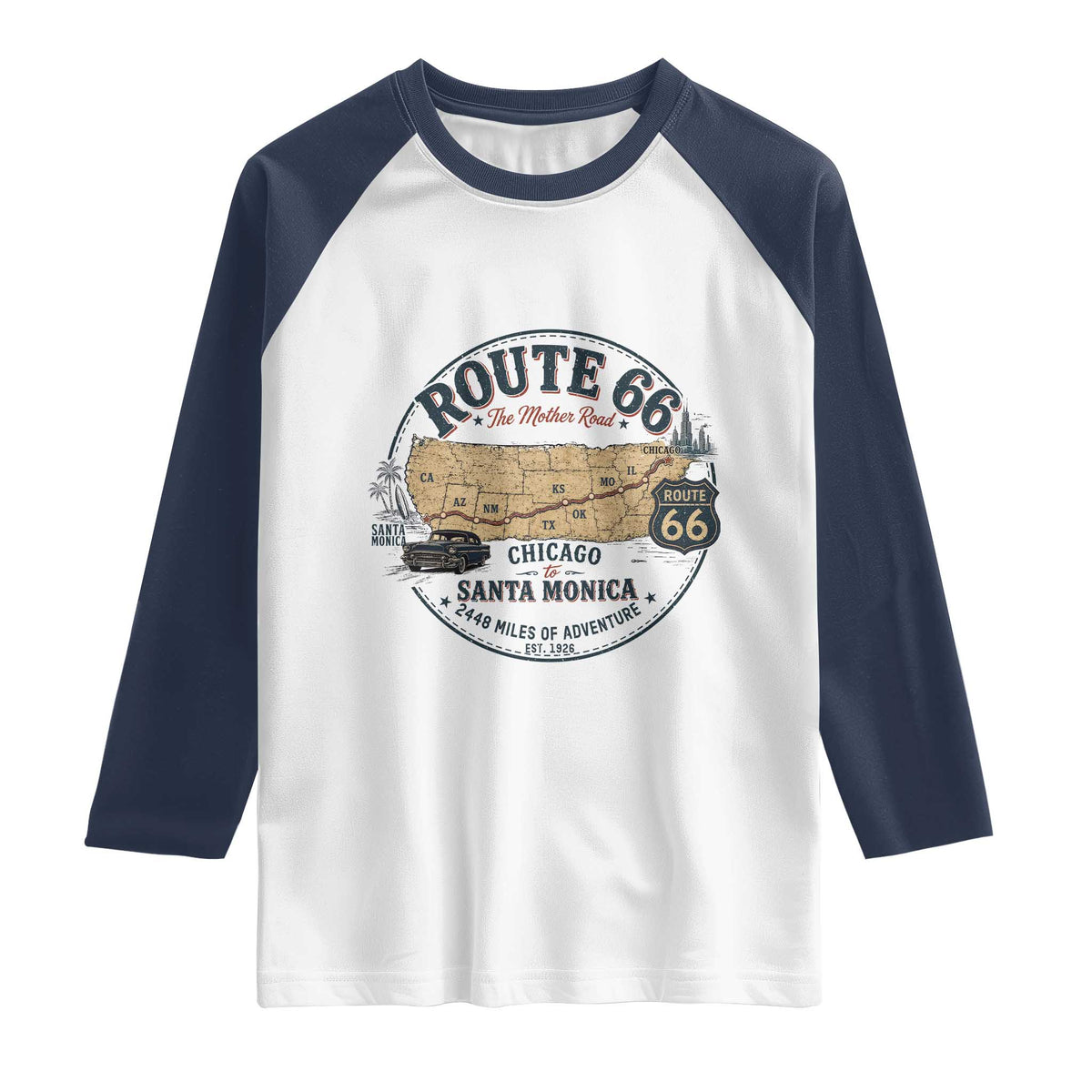 Route Highway 66 Map Chicago to Santa Monica Raglan Shirt Vintage America Road Trip Americana