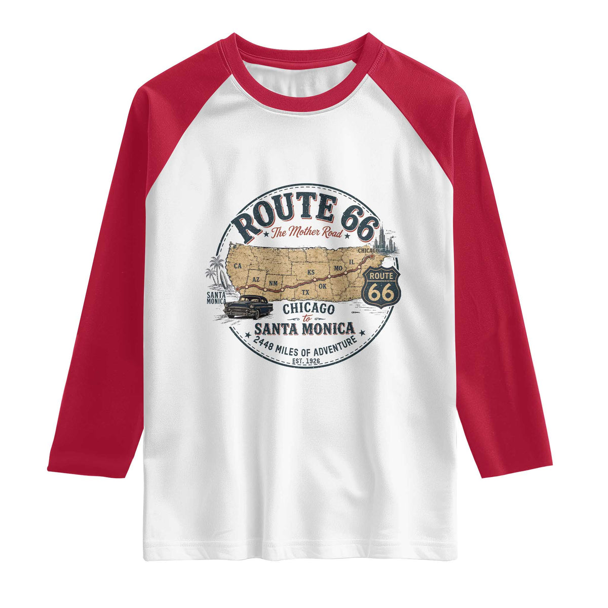 Route Highway 66 Map Chicago to Santa Monica Raglan Shirt Vintage America Road Trip Americana