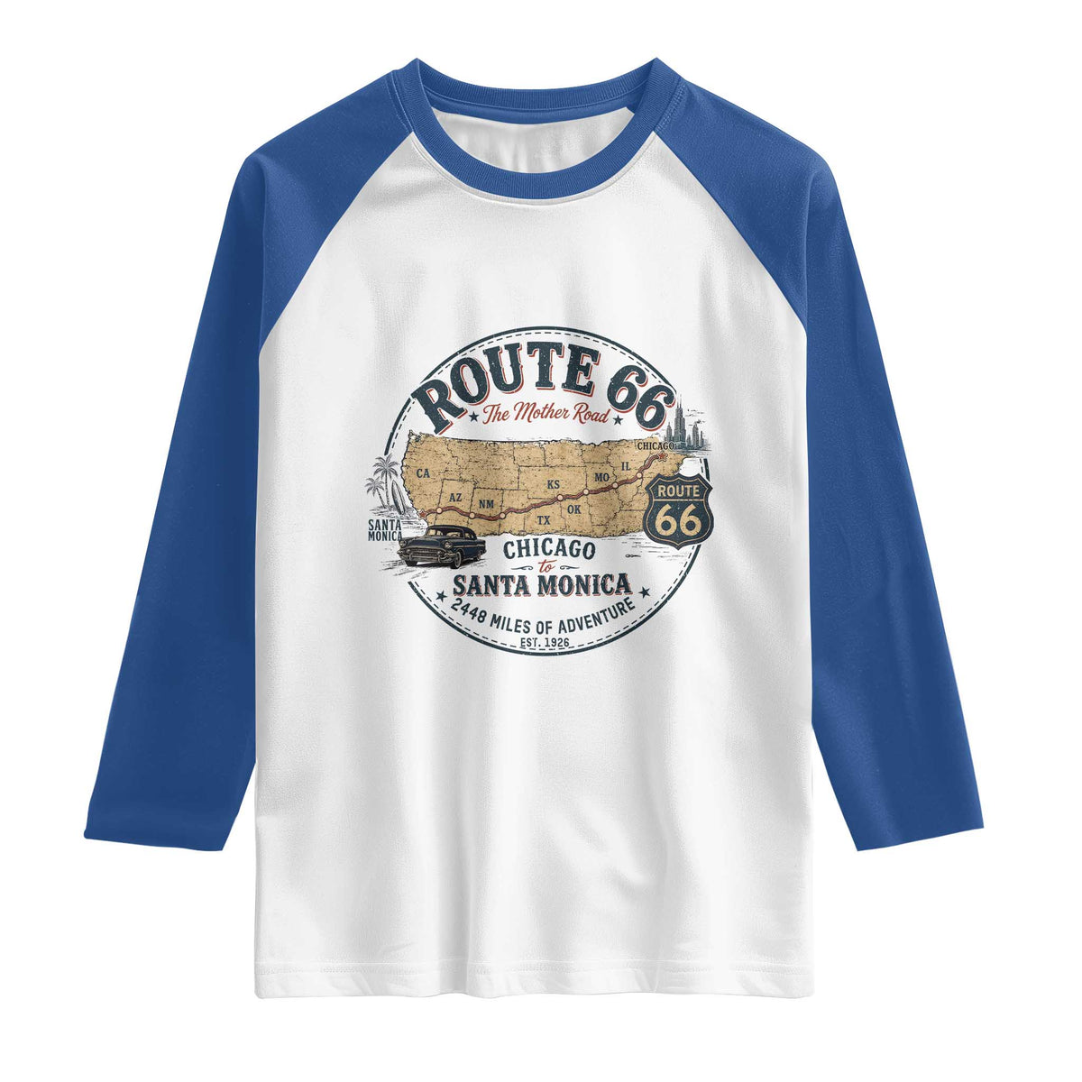 Route Highway 66 Map Chicago to Santa Monica Raglan Shirt Vintage America Road Trip Americana
