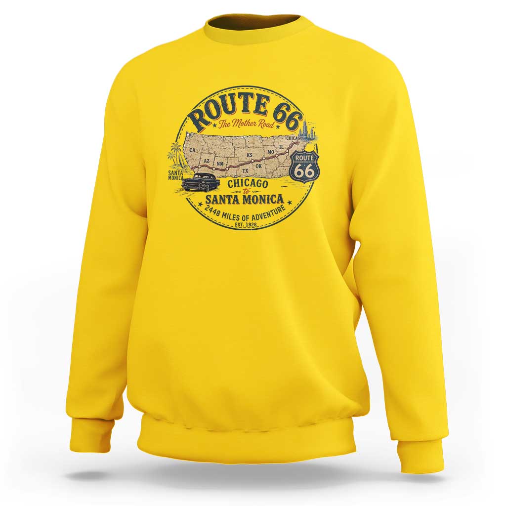 Route Highway 66 Map Chicago to Santa Monica Sweatshirt Vintage America Road Trip Americana