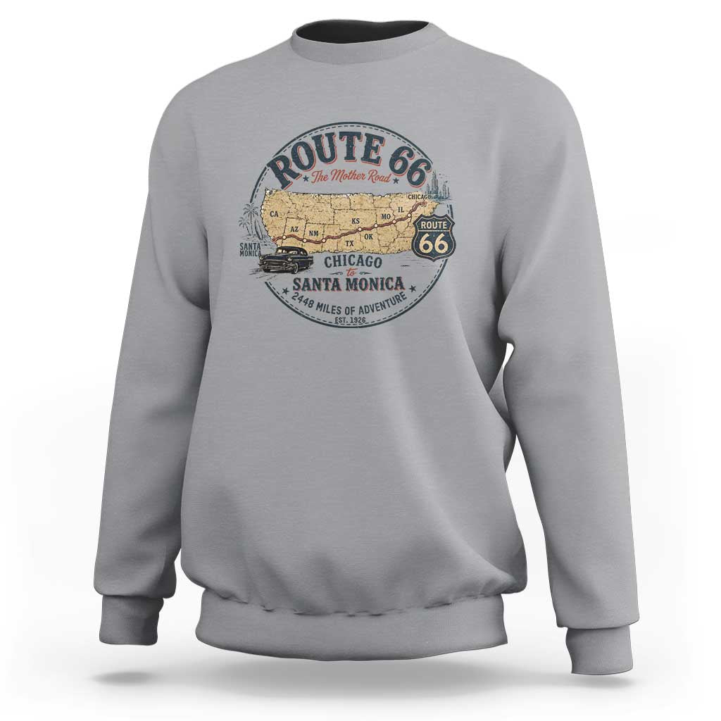 Route Highway 66 Map Chicago to Santa Monica Sweatshirt Vintage America Road Trip Americana