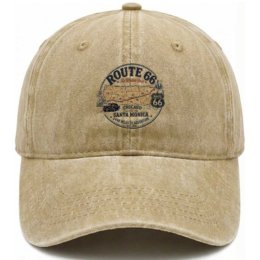 Route Highway 66 Map Chicago to Santa Monica Washed Cotton Baseball Cap Vintage America Road Trip Americana