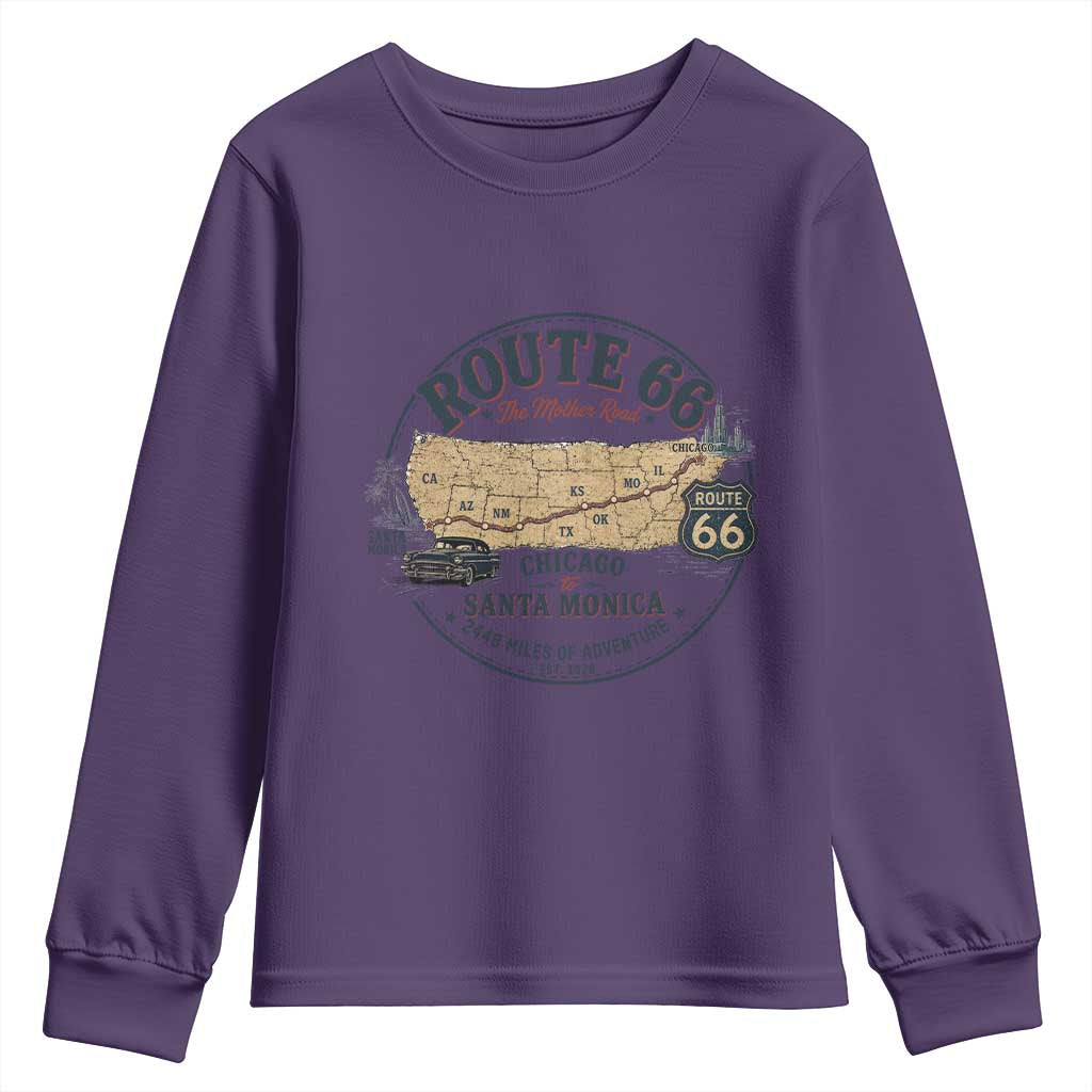 Route Highway 66 Map Chicago to Santa Monica Youth Sweatshirt Vintage America Road Trip Americana