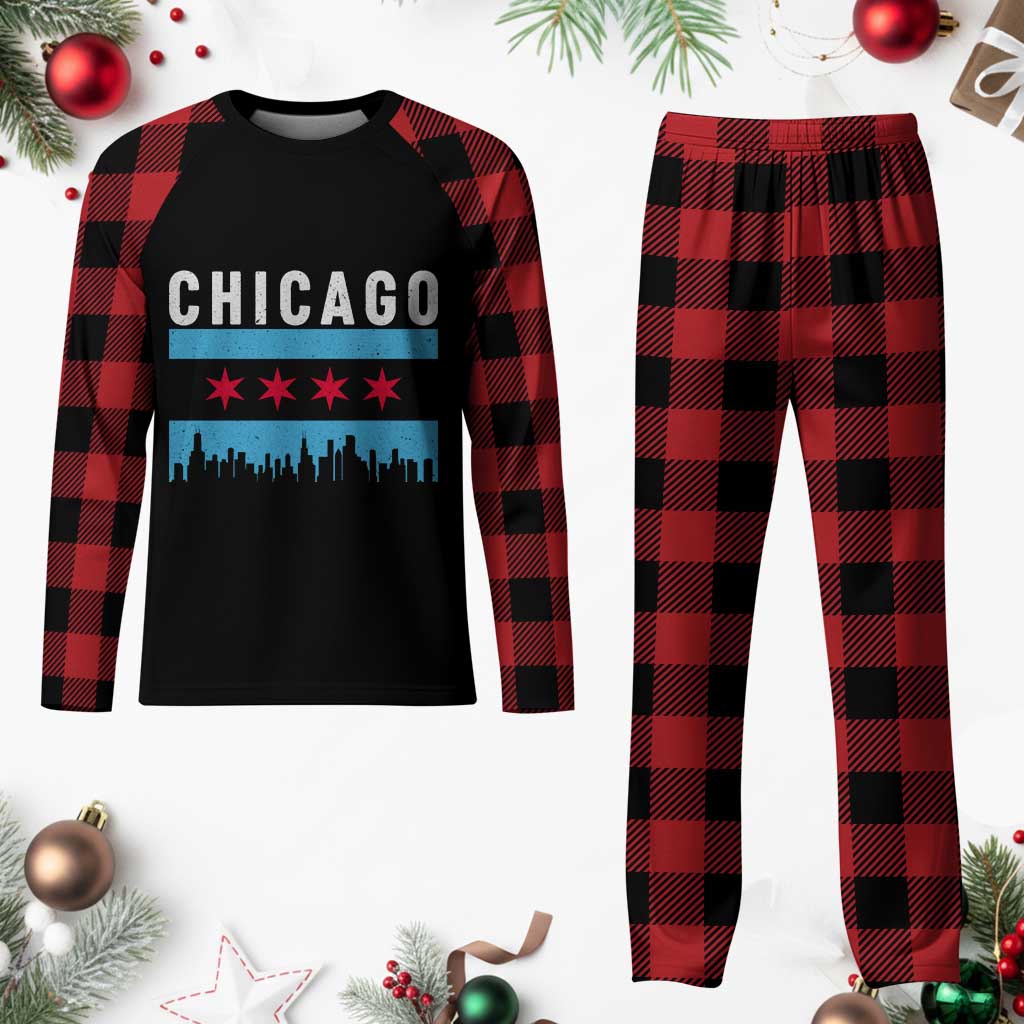 Vintage Chicago City Skyline Flag Plaid Pajama Set