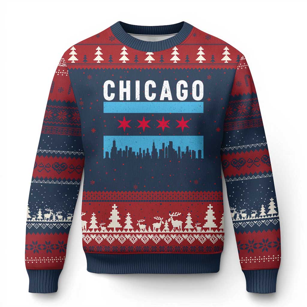Vintage Chicago City Skyline Flag Ugly Christmas Sweater