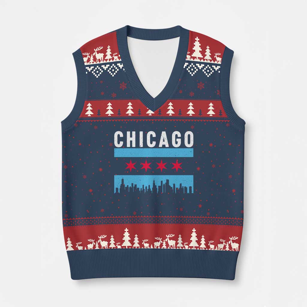 Vintage Chicago City Skyline Flag V-Neck Knit Sweater Vest