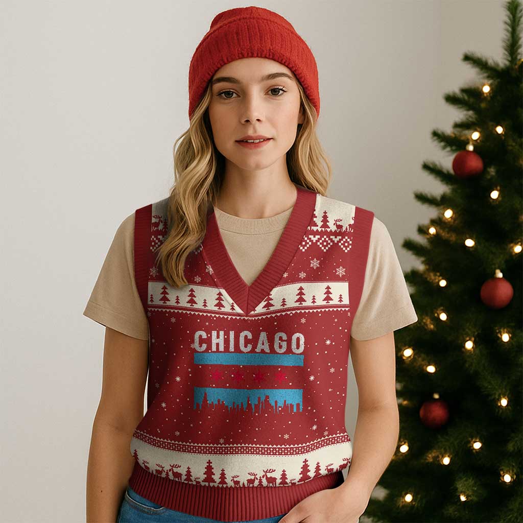 Vintage Chicago City Skyline Flag V-Neck Knit Sweater Vest