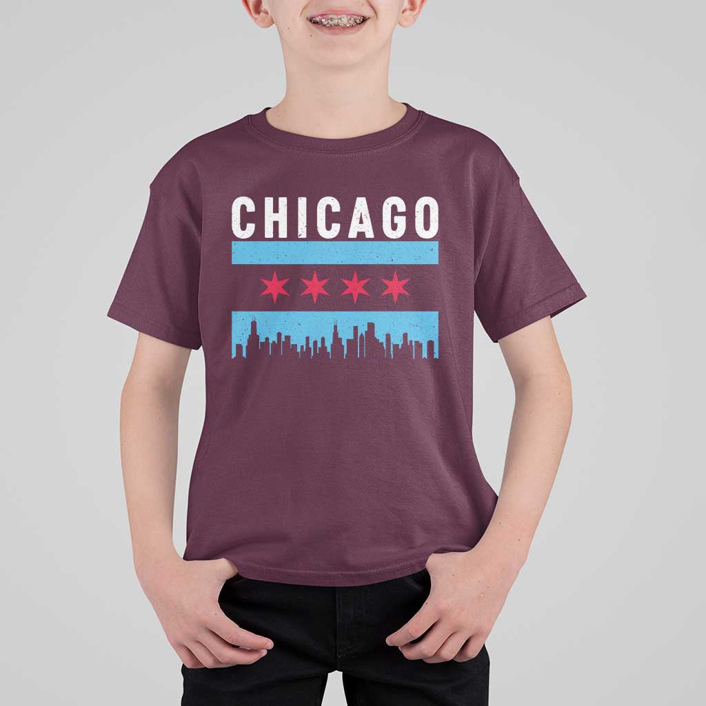 Vintage Chicago City Skyline Flag T Shirt For Kid