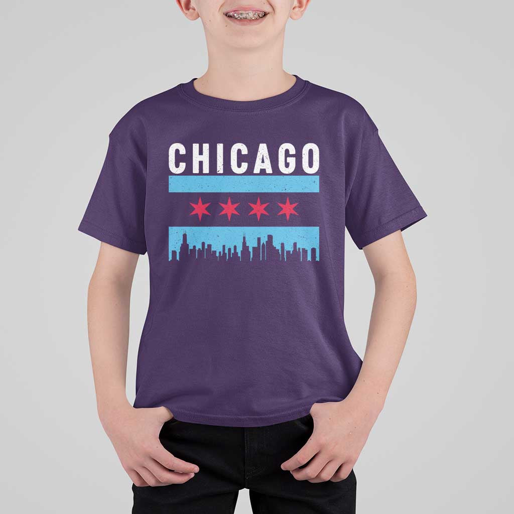 Vintage Chicago City Skyline Flag T Shirt For Kid
