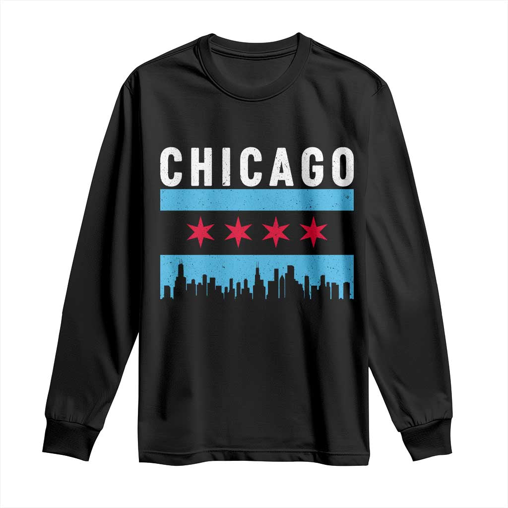 Vintage Chicago City Skyline Flag Long Sleeve Shirt