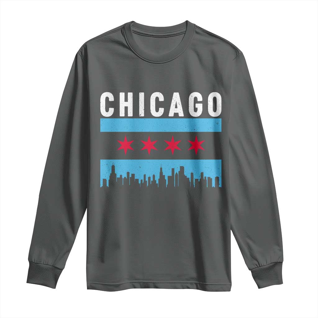Vintage Chicago City Skyline Flag Long Sleeve Shirt