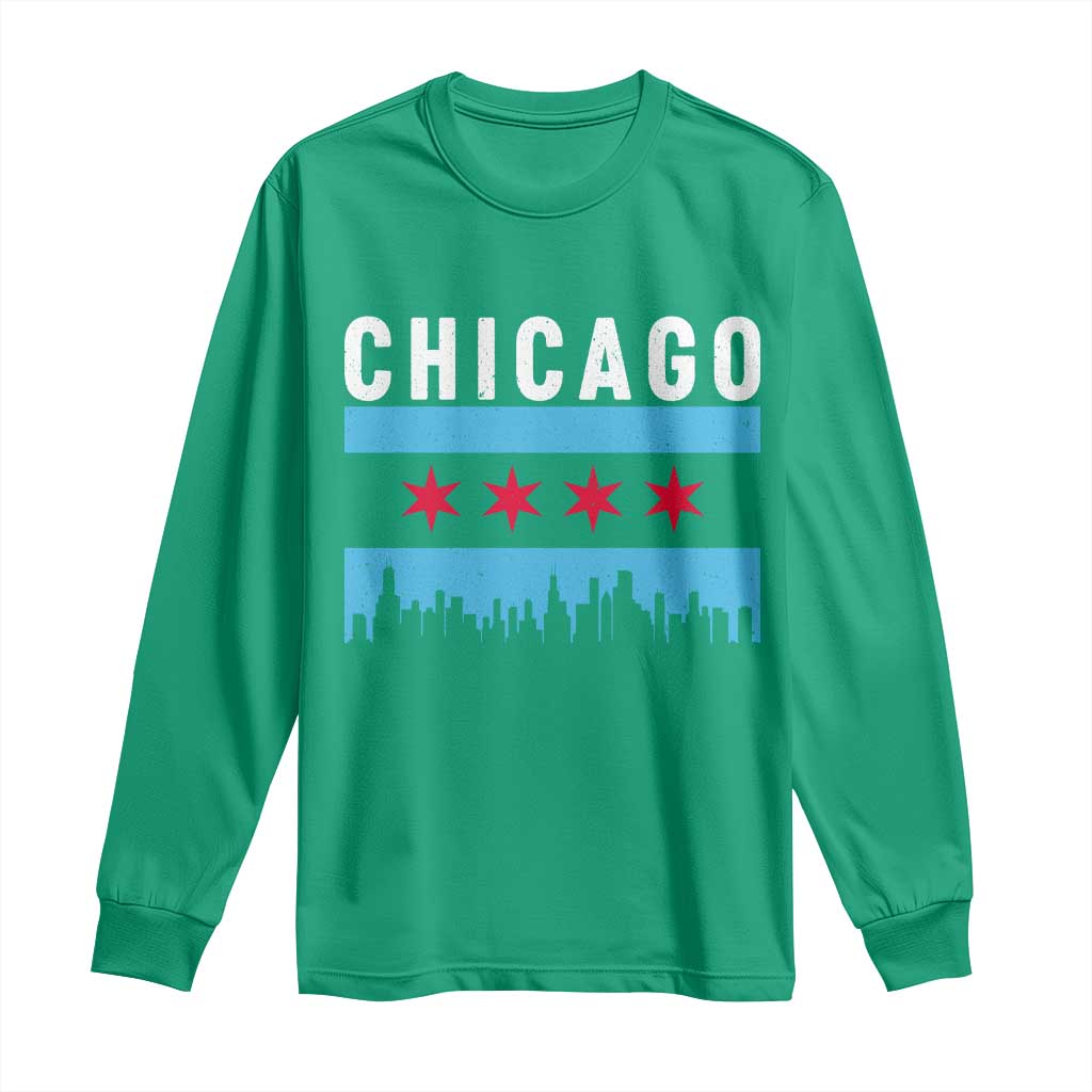 Vintage Chicago City Skyline Flag Long Sleeve Shirt