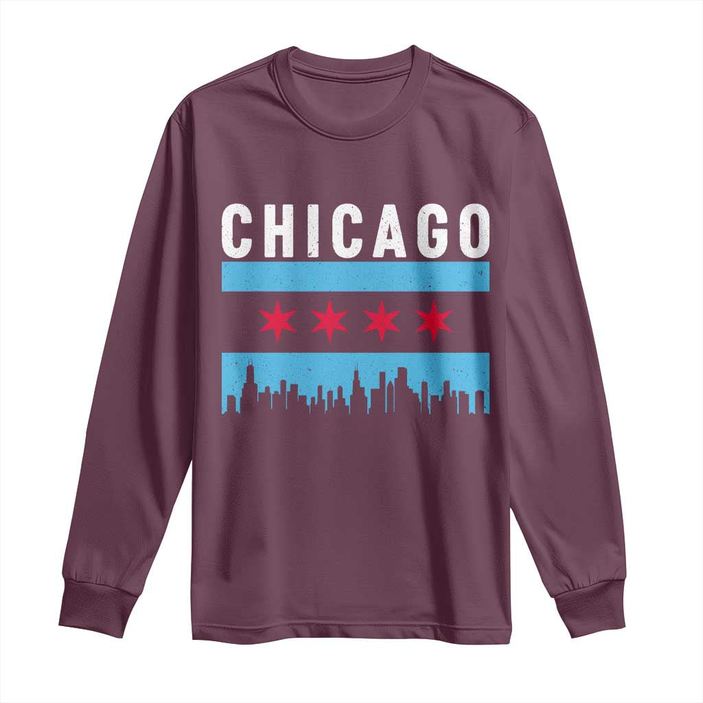 Vintage Chicago City Skyline Flag Long Sleeve Shirt