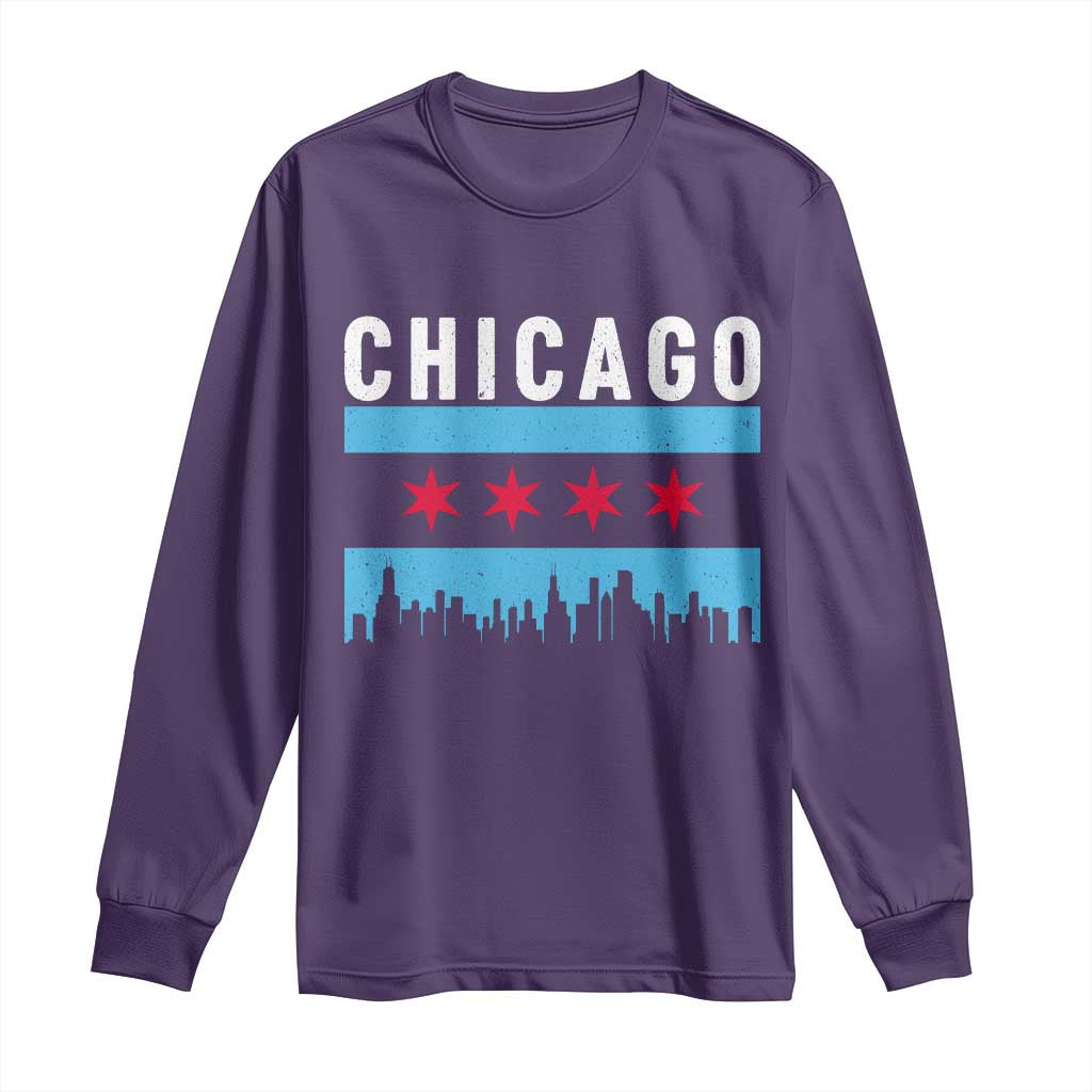 Vintage Chicago City Skyline Flag Long Sleeve Shirt