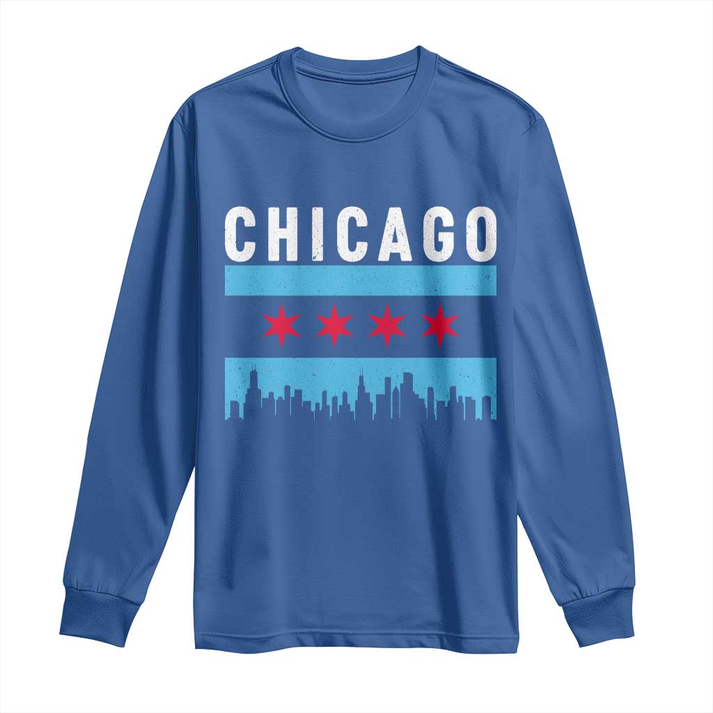 Vintage Chicago City Skyline Flag Long Sleeve Shirt