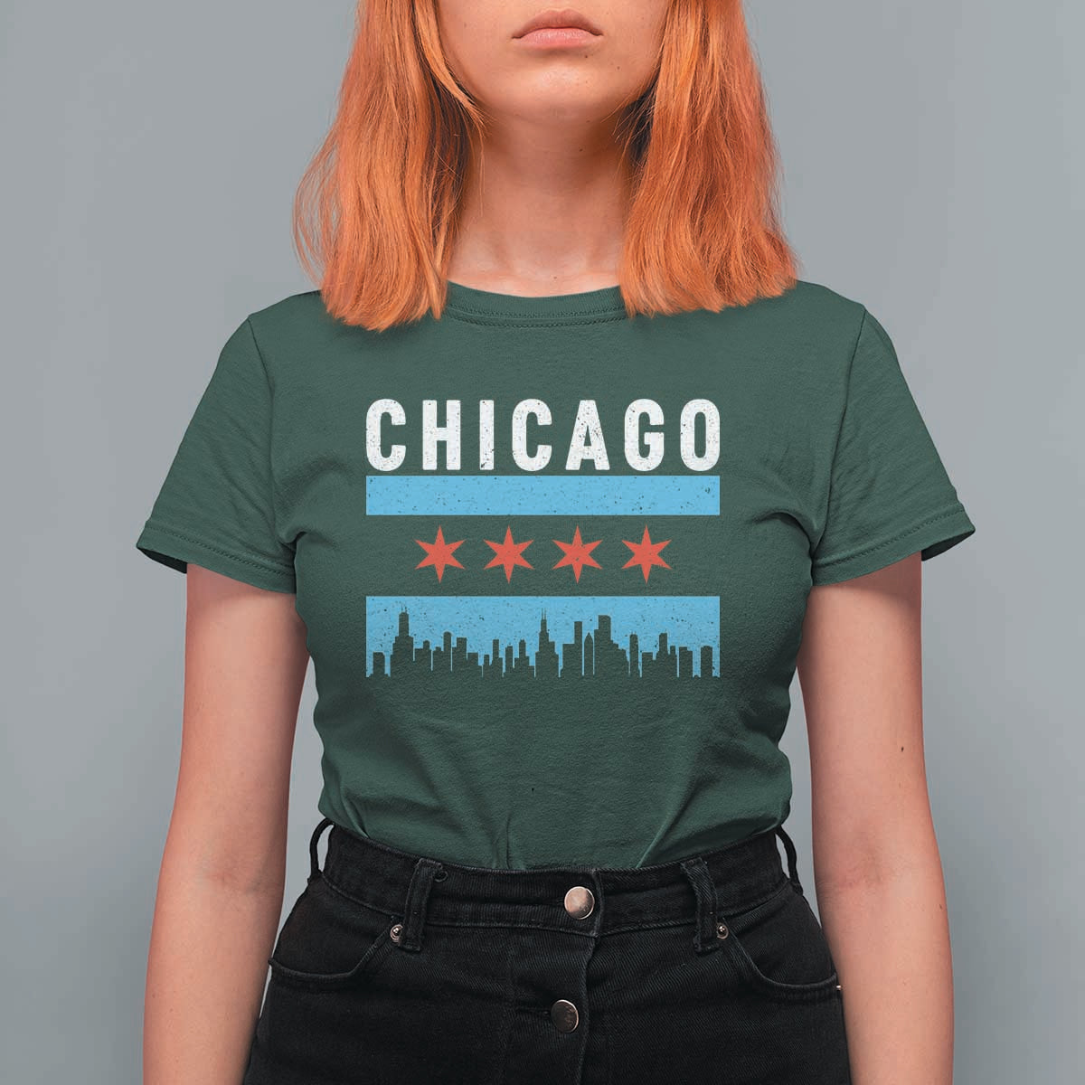 Vintage Chicago City Skyline Flag T Shirt For Women