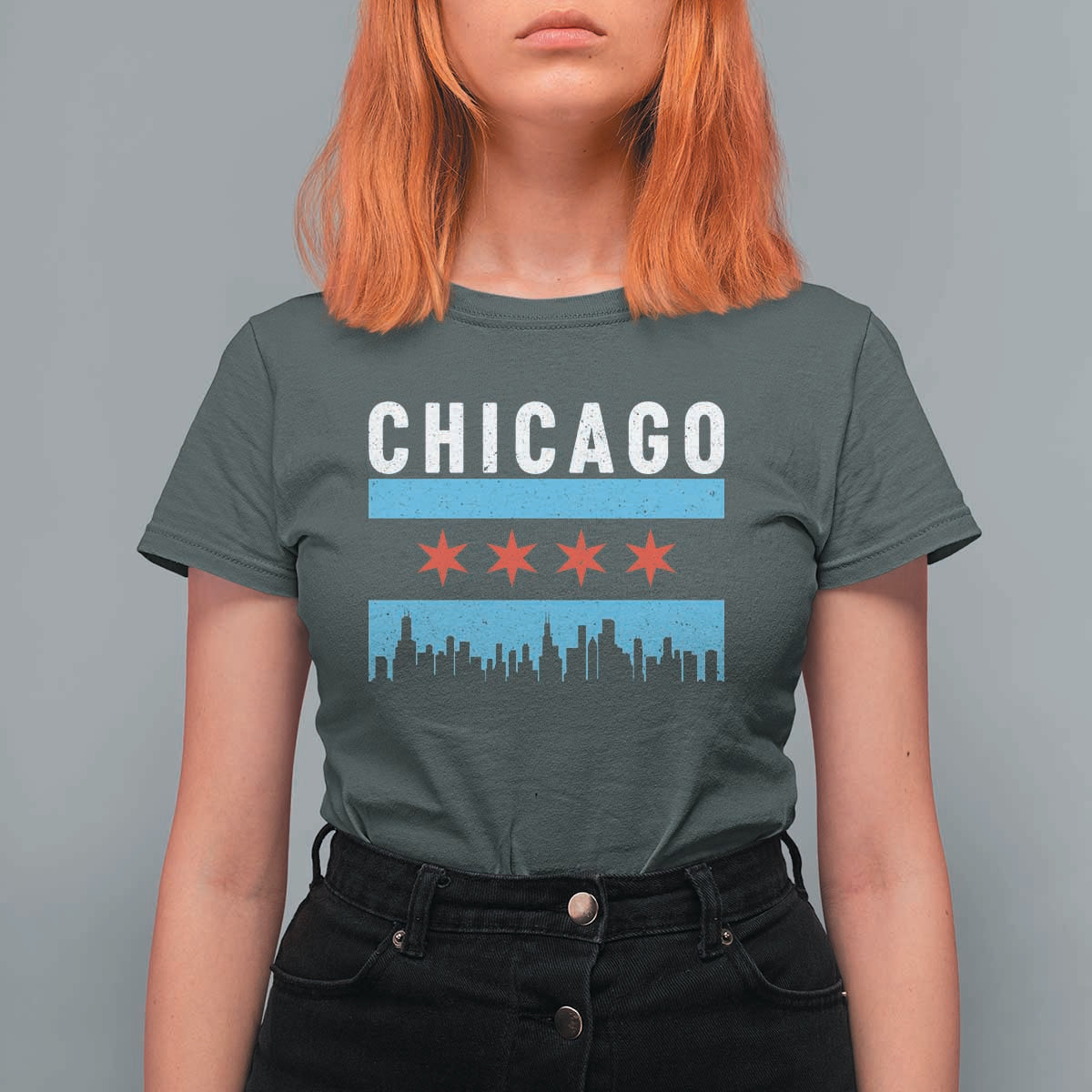 Vintage Chicago City Skyline Flag T Shirt For Women