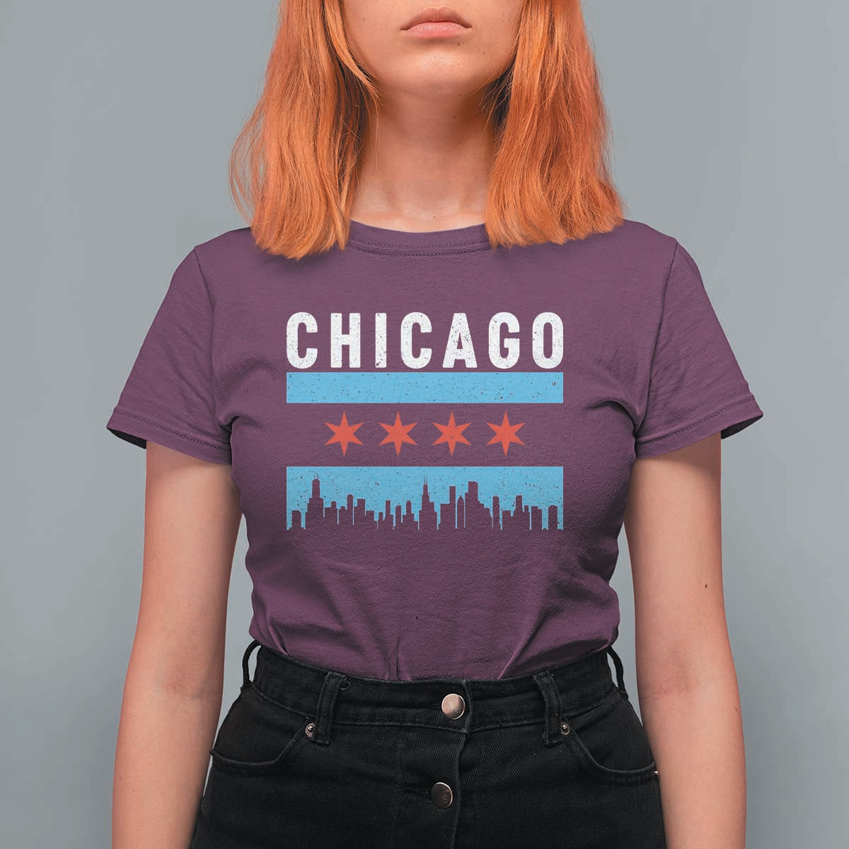 Vintage Chicago City Skyline Flag T Shirt For Women