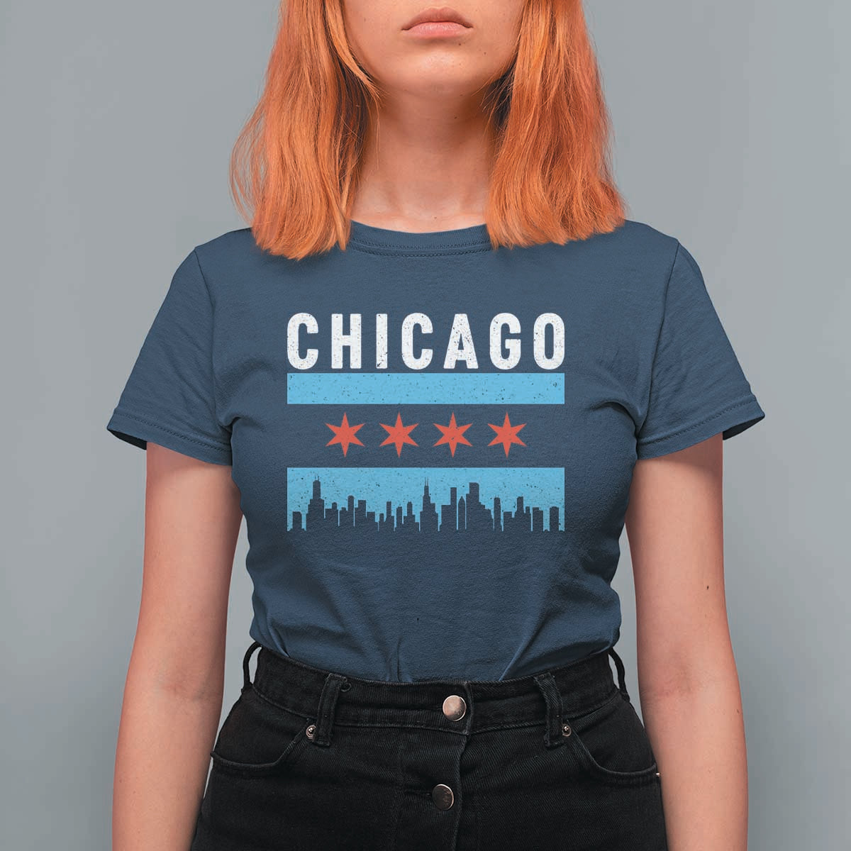 Vintage Chicago City Skyline Flag T Shirt For Women