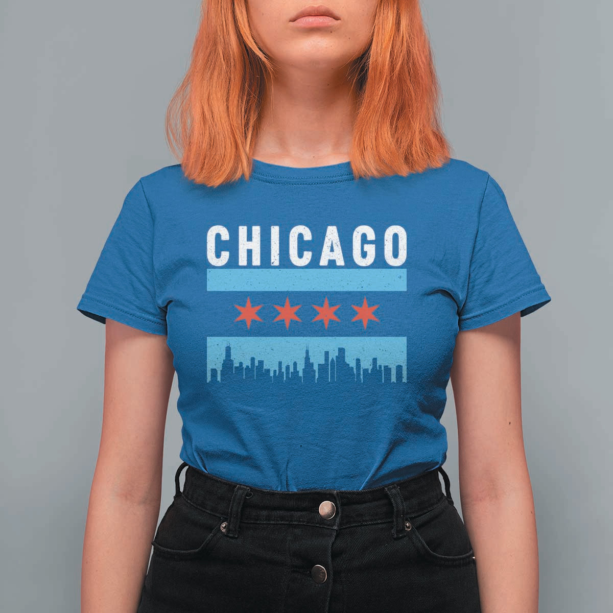 Vintage Chicago City Skyline Flag T Shirt For Women