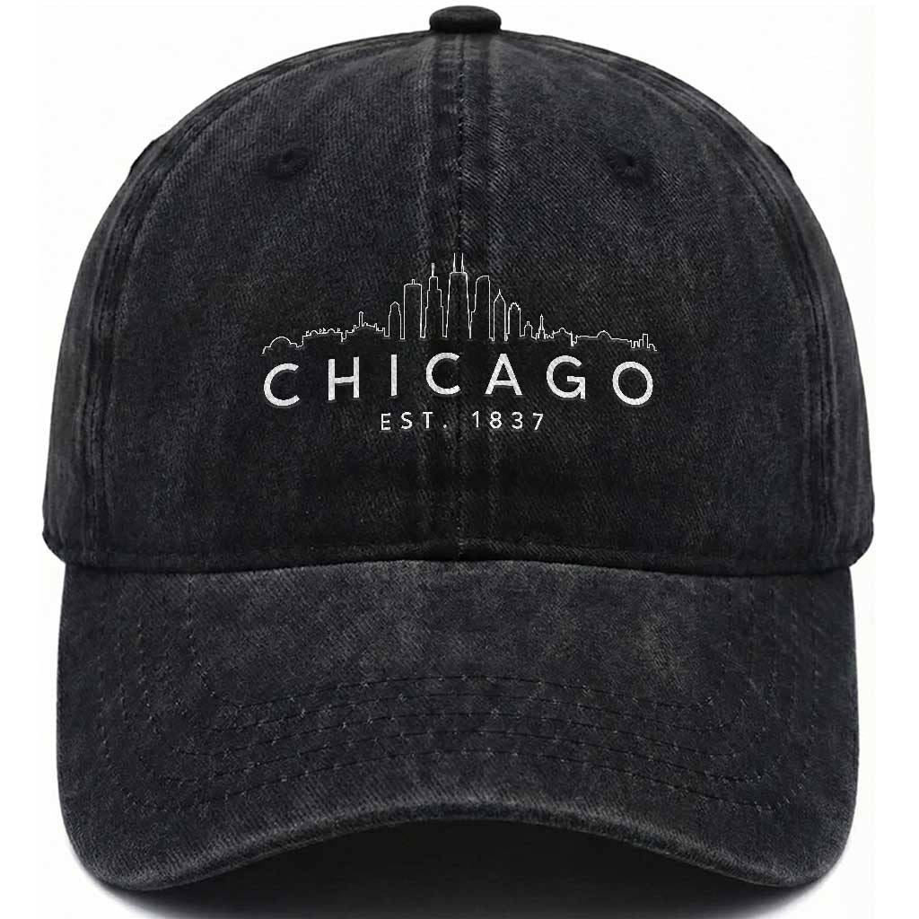 Chicago Downtown Skyline Minimalist Illinois Souvenir Washed Cotton Baseball Cap
