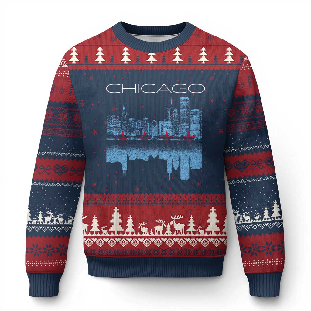 Chicago City Skyline Night Lights Ugly Christmas Sweater