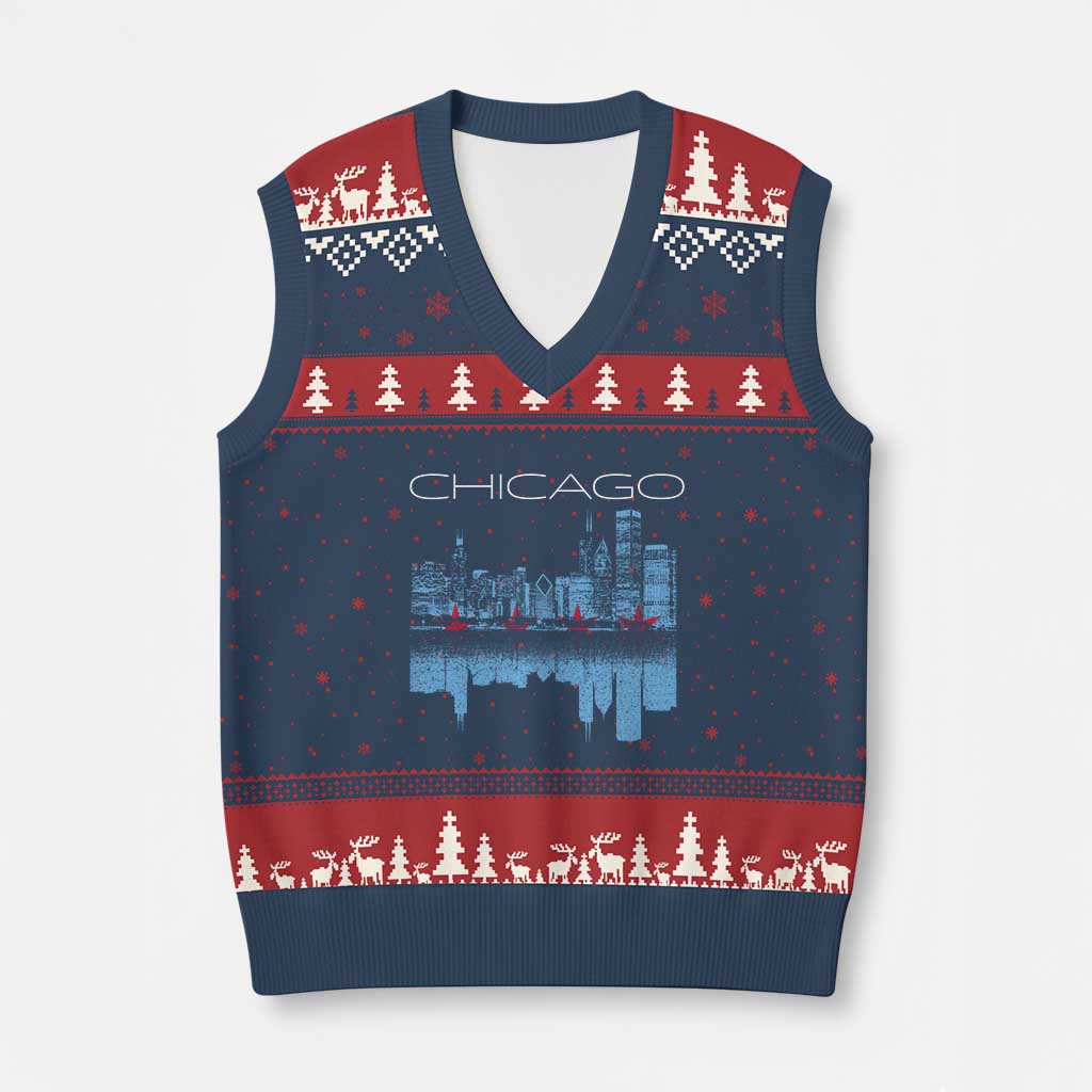 Chicago City Skyline Night Lights V-Neck Knit Sweater Vest