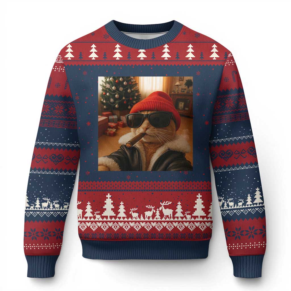 Funny Gangster Cats Xmas Ugly Christmas Sweater Smoking Kitten Meme - Wonder Print Shop