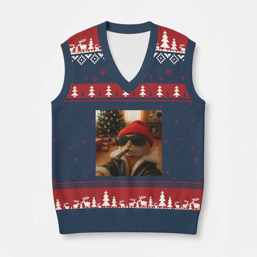 Funny Gangster Cats Xmas V-Neck Knit Sweater Vest Smoking Kitten Meme - Wonder Print Shop