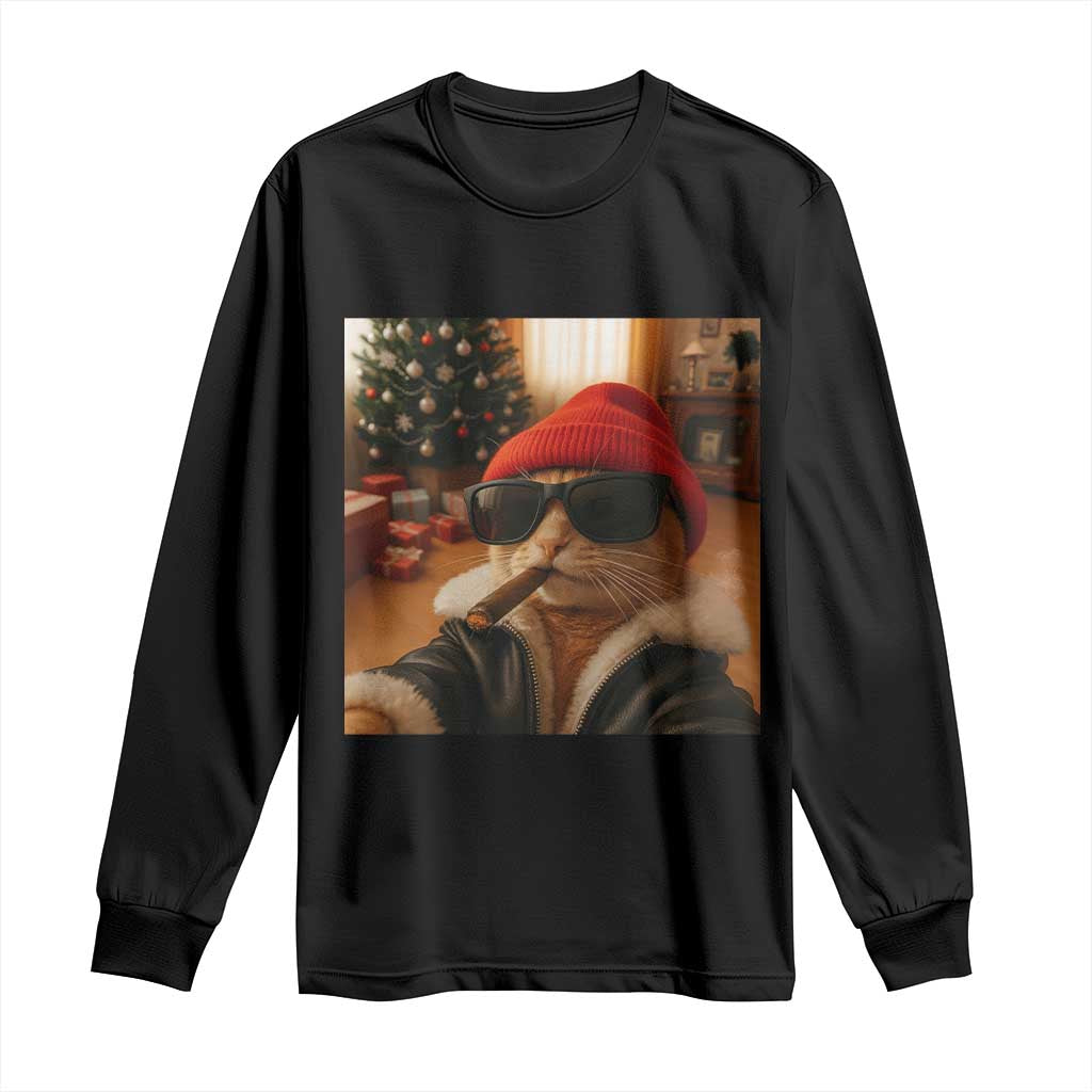 Funny Gangster Cats Christmas Long Sleeve Shirt Smoking Kitten Meme - Wonder Print Shop