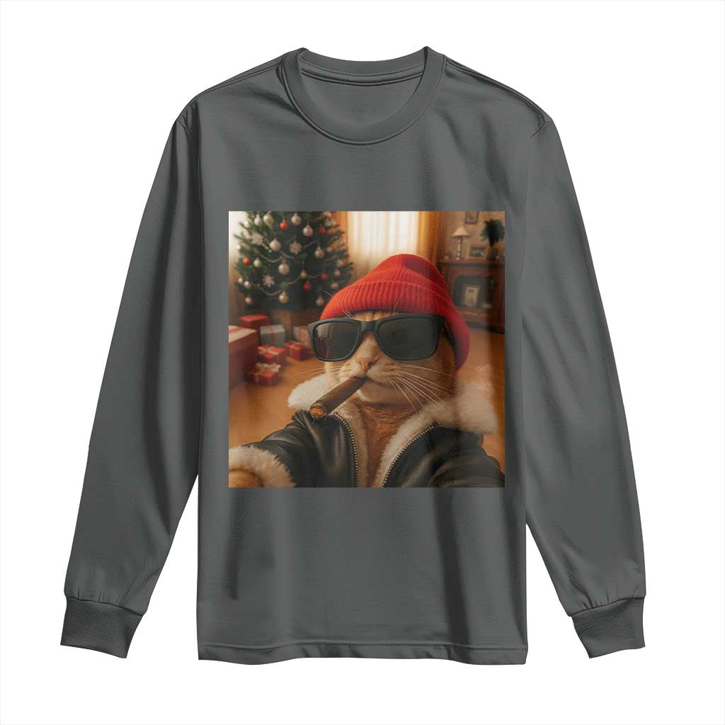 Funny Gangster Cats Christmas Long Sleeve Shirt Smoking Kitten Meme - Wonder Print Shop
