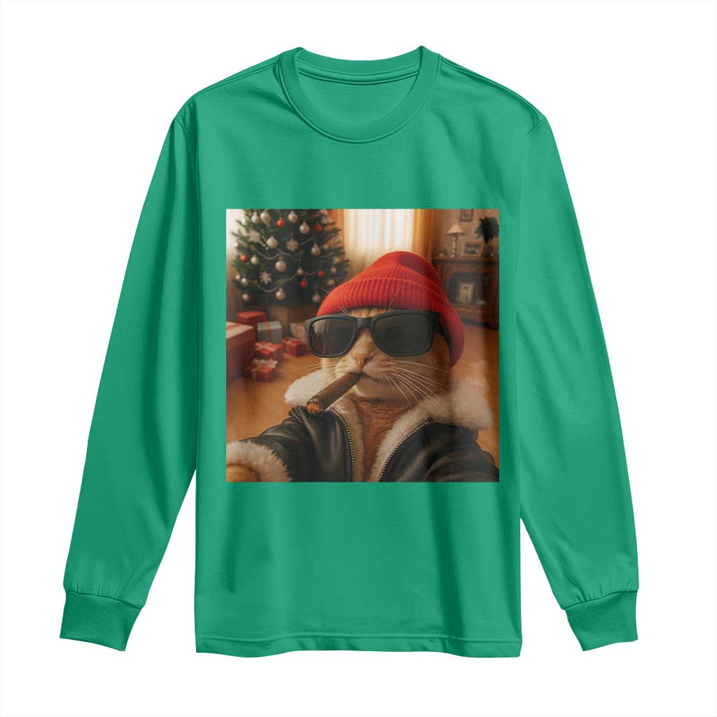 Funny Gangster Cats Christmas Long Sleeve Shirt Smoking Kitten Meme - Wonder Print Shop