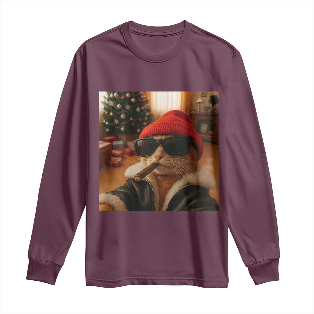 Funny Gangster Cats Christmas Long Sleeve Shirt Smoking Kitten Meme - Wonder Print Shop
