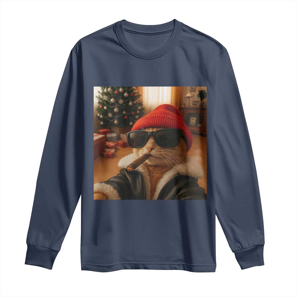 Funny Gangster Cats Christmas Long Sleeve Shirt Smoking Kitten Meme - Wonder Print Shop