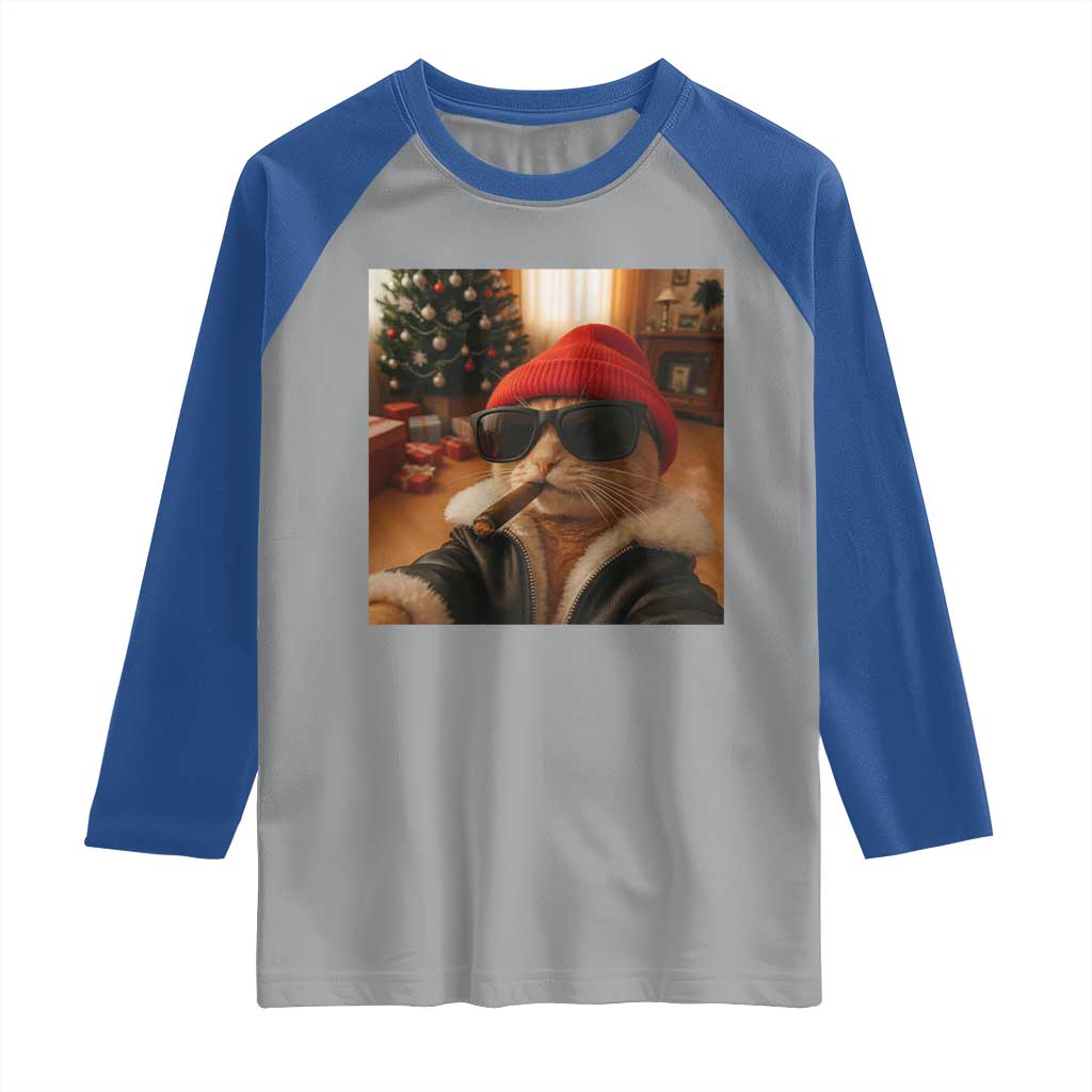Funny Gangster Cats Christmas Raglan Shirt Smoking Kitten Meme - Wonder Print Shop