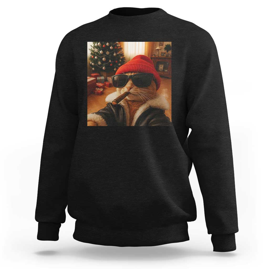 Funny Gangster Cats Christmas Sweatshirt Smoking Kitten Meme - Wonder Print Shop