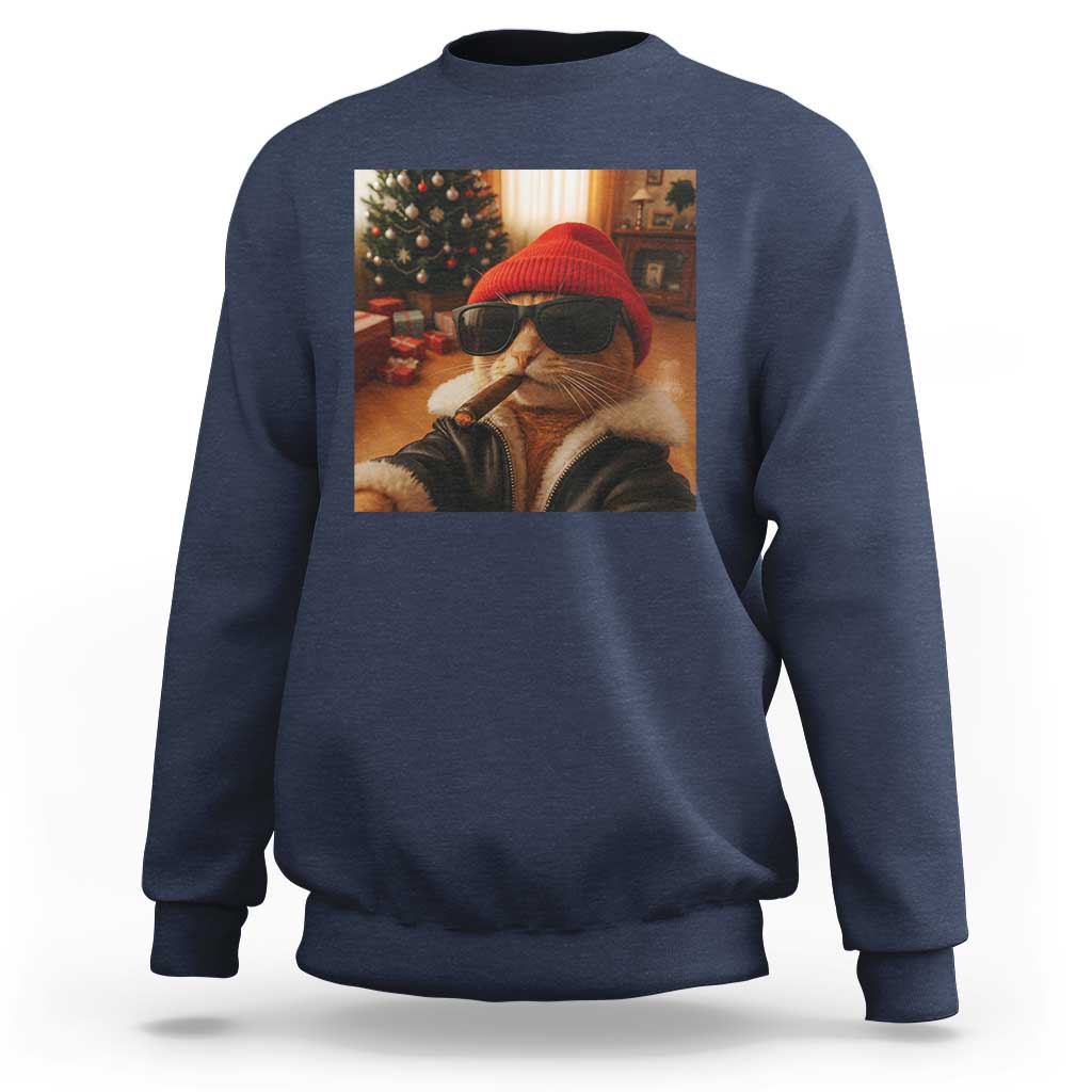 Funny Gangster Cats Christmas Sweatshirt Smoking Kitten Meme - Wonder Print Shop