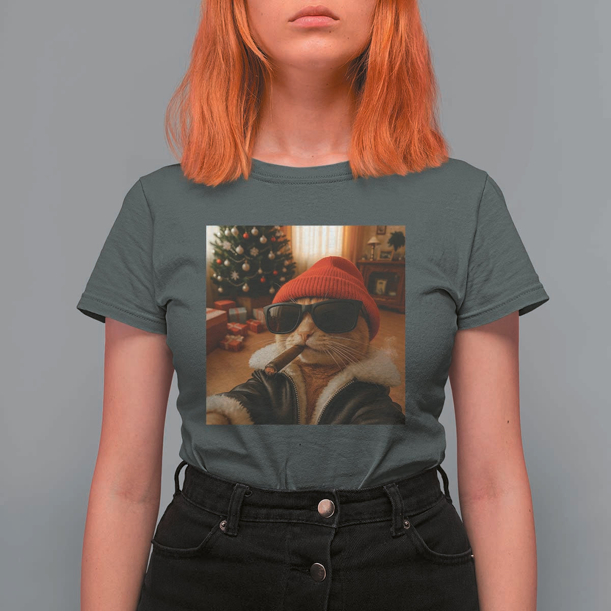 Funny Gangster Cats Christmas T Shirt For Women Smoking Kitten Meme - Wonder Print Shop
