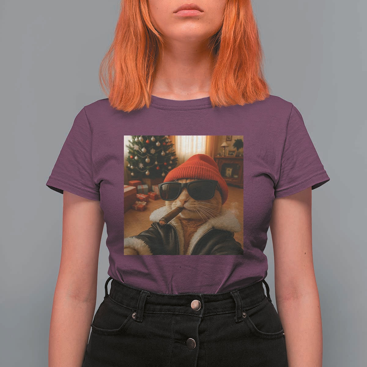 Funny Gangster Cats Christmas T Shirt For Women Smoking Kitten Meme - Wonder Print Shop