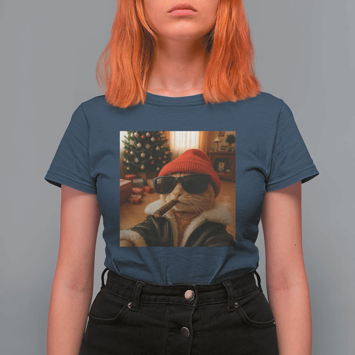 Funny Gangster Cats Christmas T Shirt For Women Smoking Kitten Meme - Wonder Print Shop
