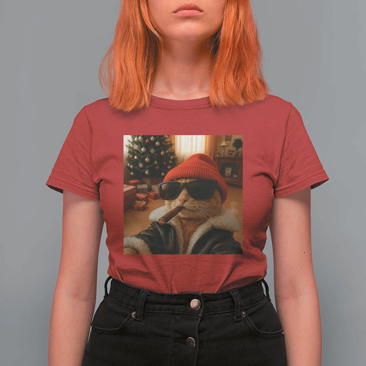 Funny Gangster Cats Christmas T Shirt For Women Smoking Kitten Meme - Wonder Print Shop