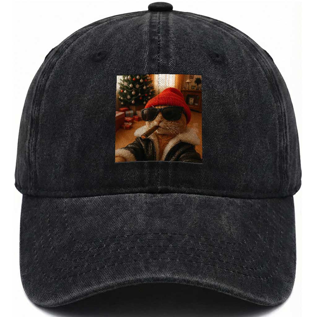 Funny Gangster Cats Christmas Washed Cotton Baseball Cap Smoking Kitten Meme