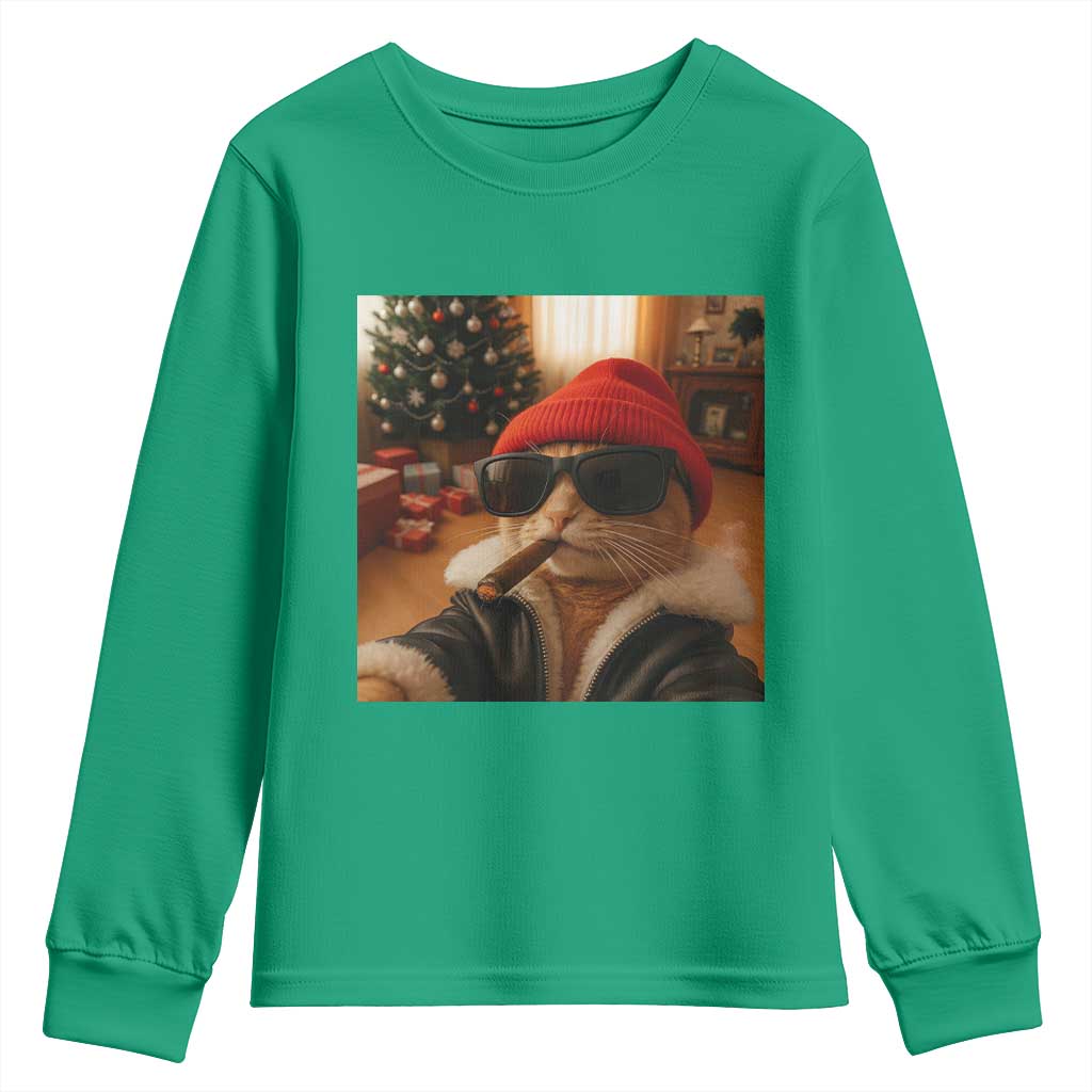 Funny Gangster Cats Christmas Youth Sweatshirt Smoking Kitten Meme - Wonder Print Shop