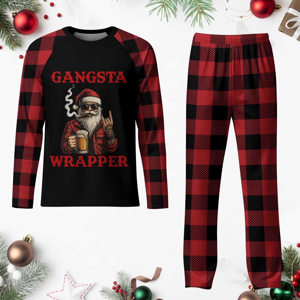 Funny Santa Drinking Beer Christmas Plaid Pajama Set Gangster Rock On Hand Xmas - Wonder Print Shop