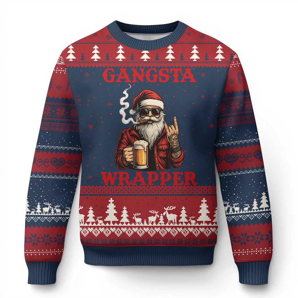 Funny Santa Drinking Beer Xmas Ugly Christmas Sweater Gangster Rock On Hand Xmas - Wonder Print Shop