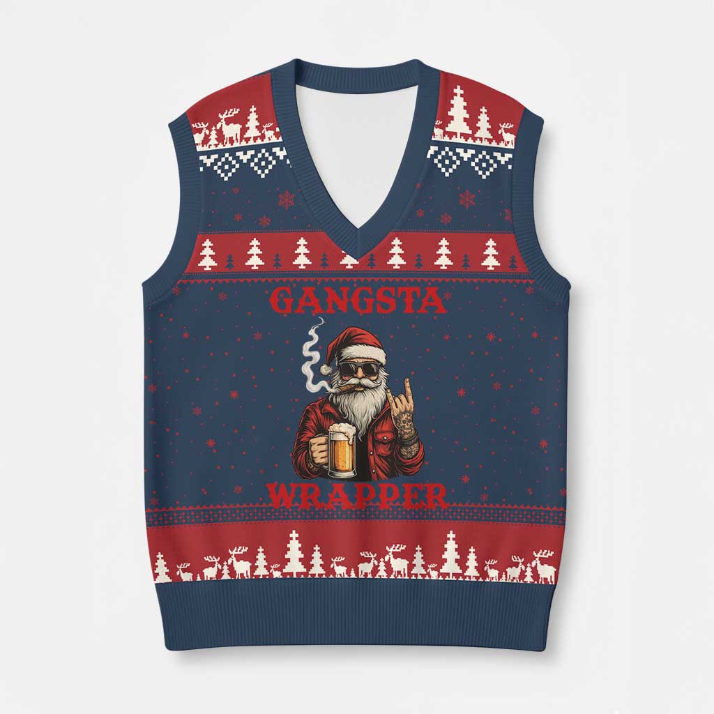 Funny Santa Drinking Beer Xmas V-Neck Knit Sweater Vest Gangster Rock On Hand Xmas - Wonder Print Shop
